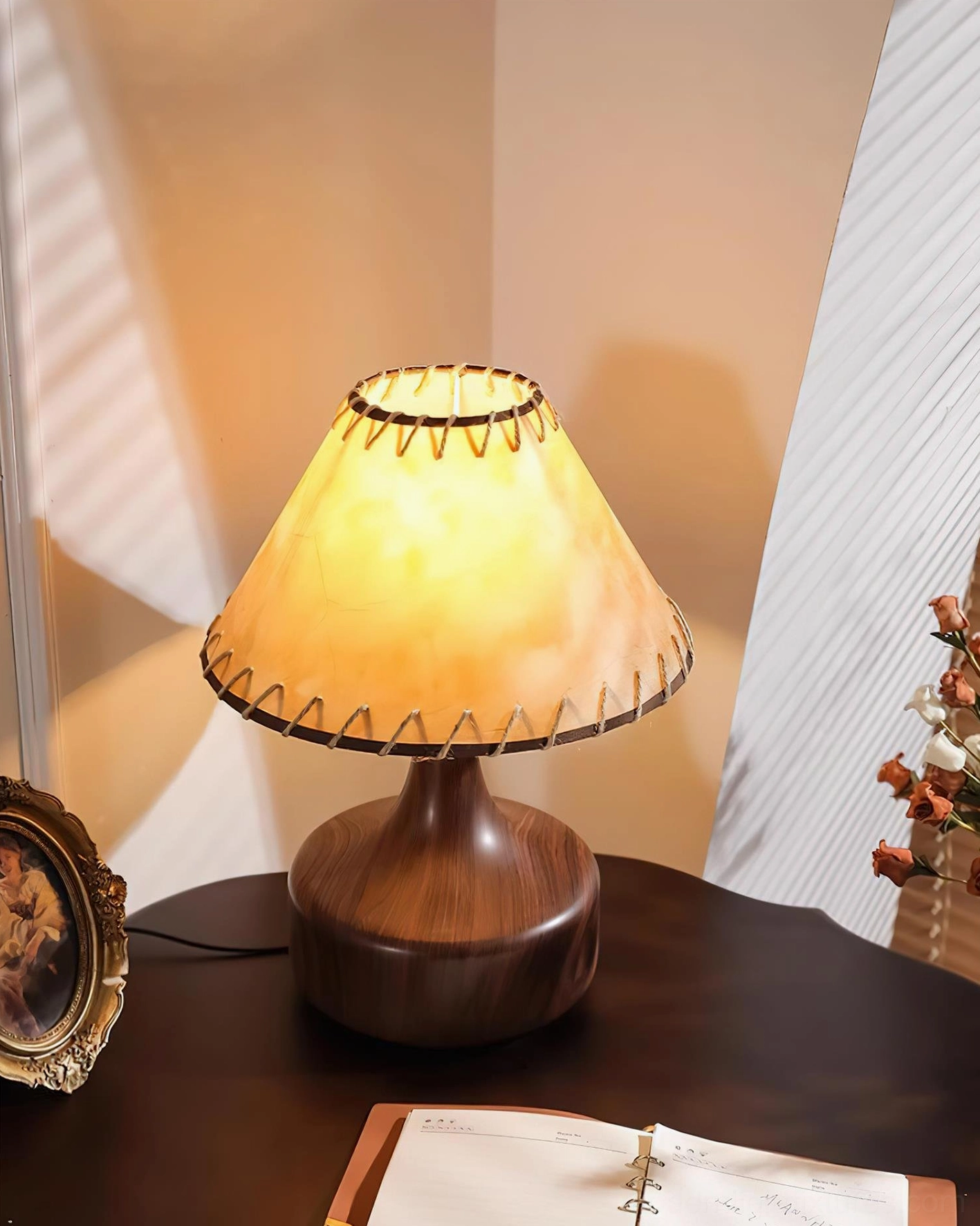 Enora hand-stitched parchment table lamp shade close-up texture