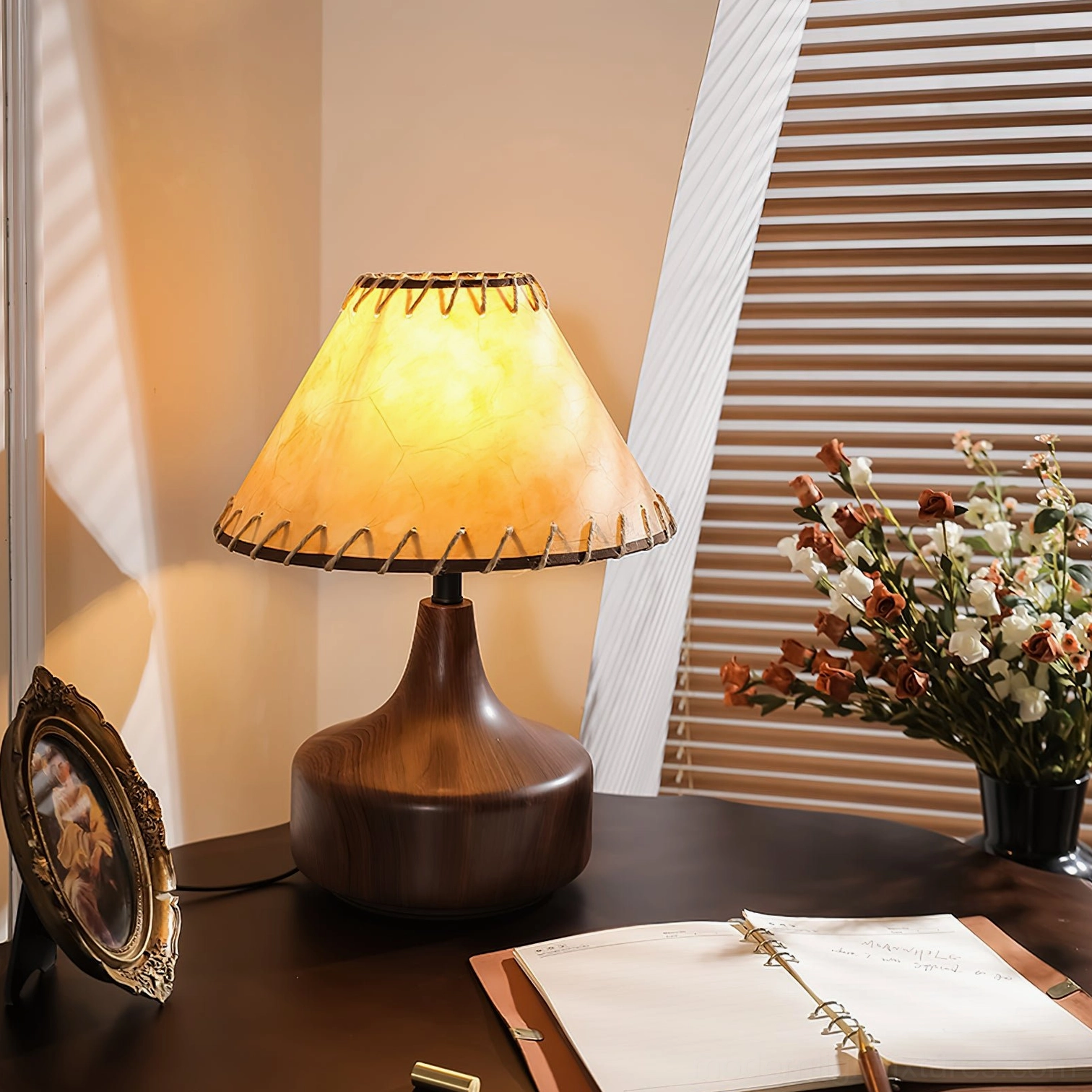 Enora walnut wood-grain table lamp with dried floral home decor styling