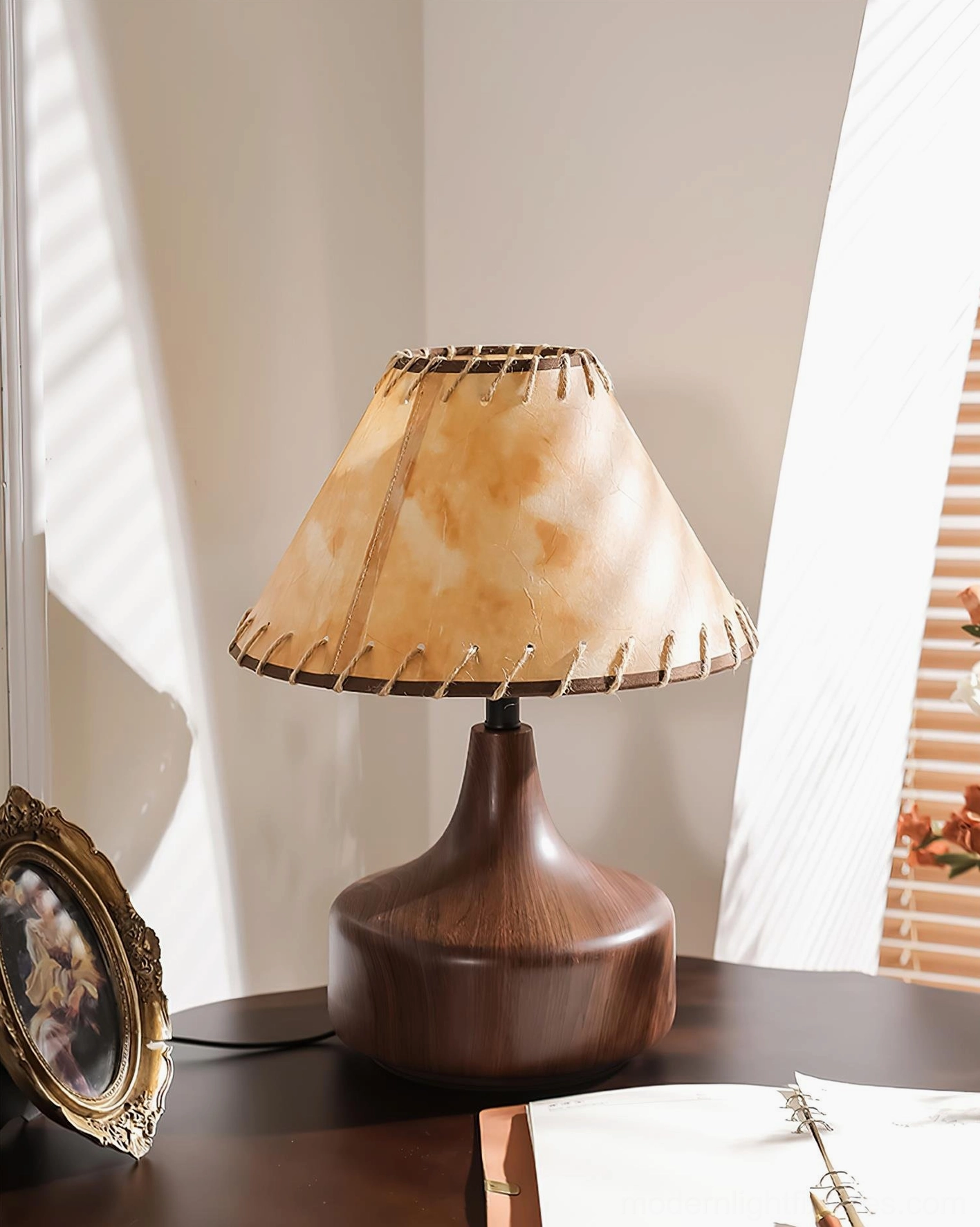 Enora table lamp with hand-stitched fabric shade unlit on vintage desk