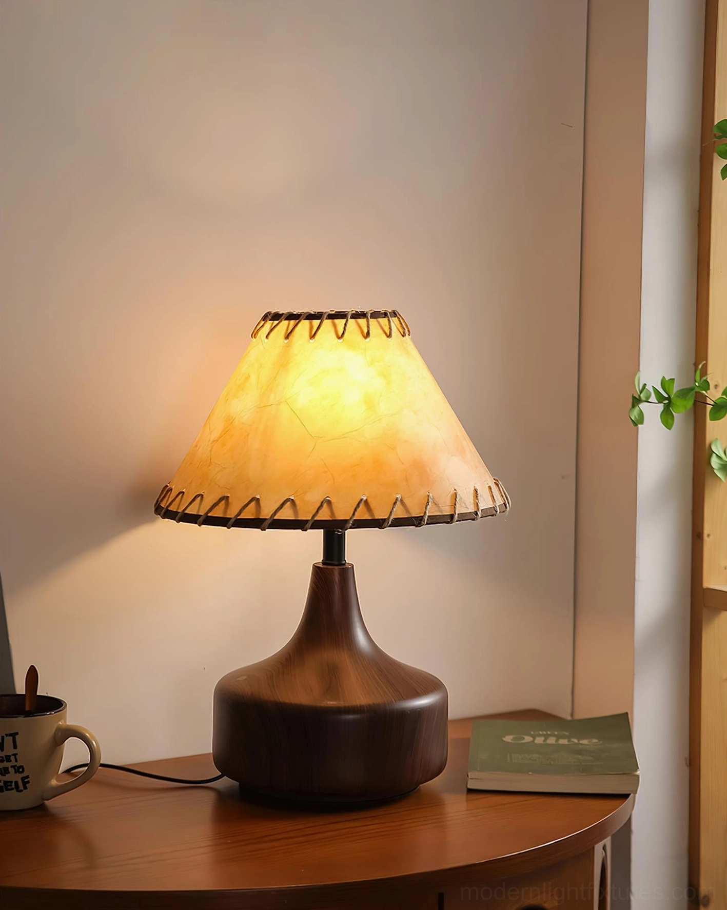 Enora wood table lamp with water transfer printed grain pattern base