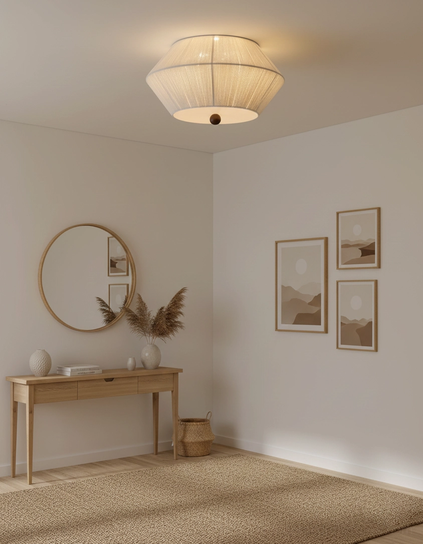 Tapered fabric flush mount light in boho-minimalist entryway foyer with console table and round mirror
