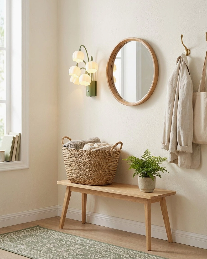 Minimalist warm entryway corner with round mirror and wooden bench styled with cordless motion sensor wall sconce