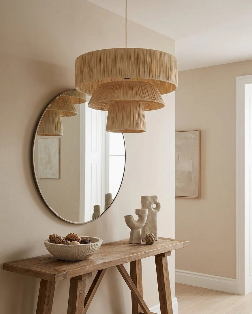 Bravina woven raffia pendant reflected in round wall mirror above entryway console table
