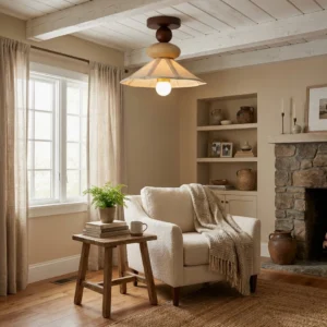 Equinox ceiling lamp installed in rustic farmhouse living room with stone fireplace, exposed wooden beams, and warm neutral decor, demonstrating ambient lighting in interior setting