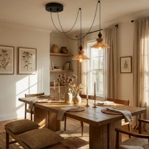 Modern pendant light in farmhouse dining room with warm ambient lighting, wooden dining table and rustic decor