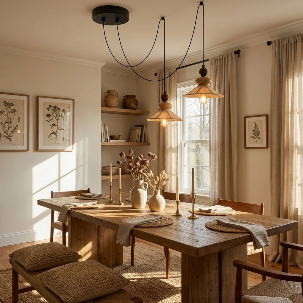 Modern pendant light in farmhouse dining room with warm ambient lighting, wooden dining table and rustic decor