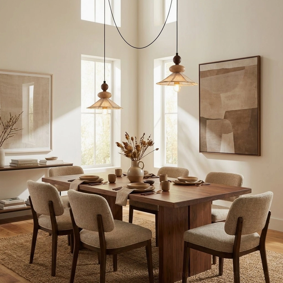 Modern farmhouse pendant light in bright dining area with large windows and upholstered dining chairs
