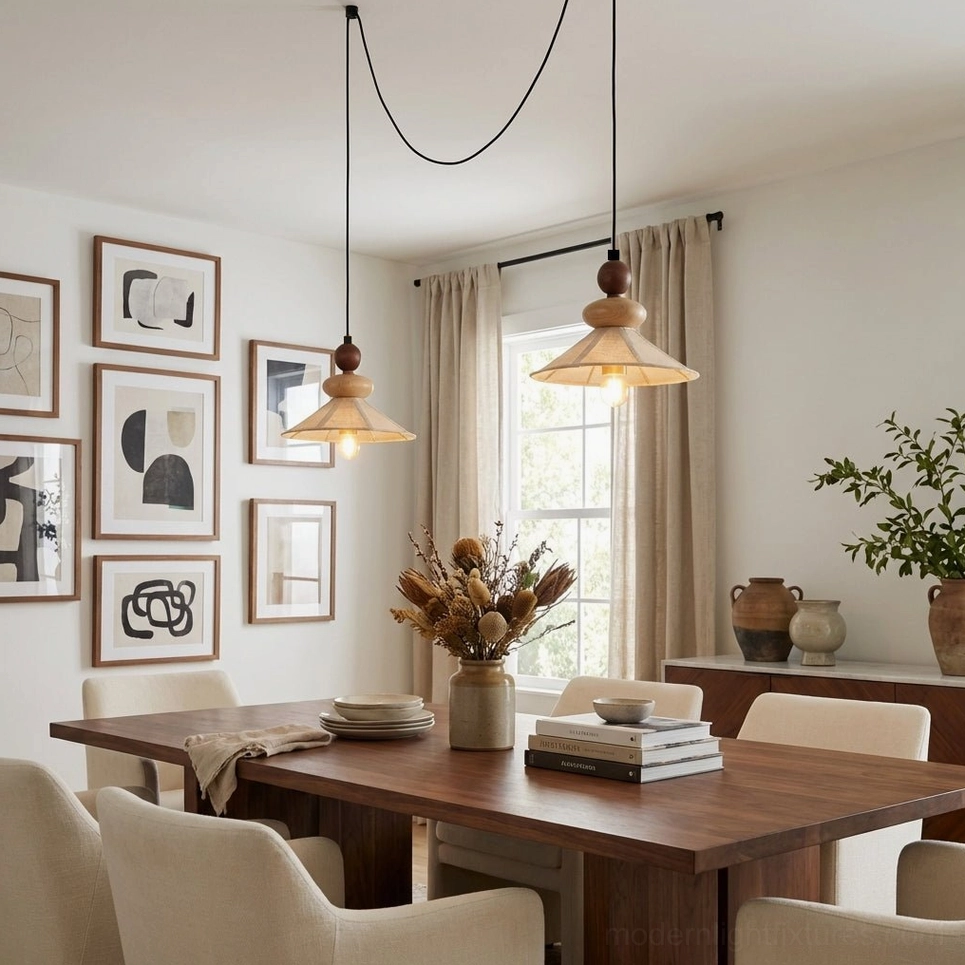 Contemporary pendant light fixture in modern dining space with gallery wall and neutral warm aesthetic design