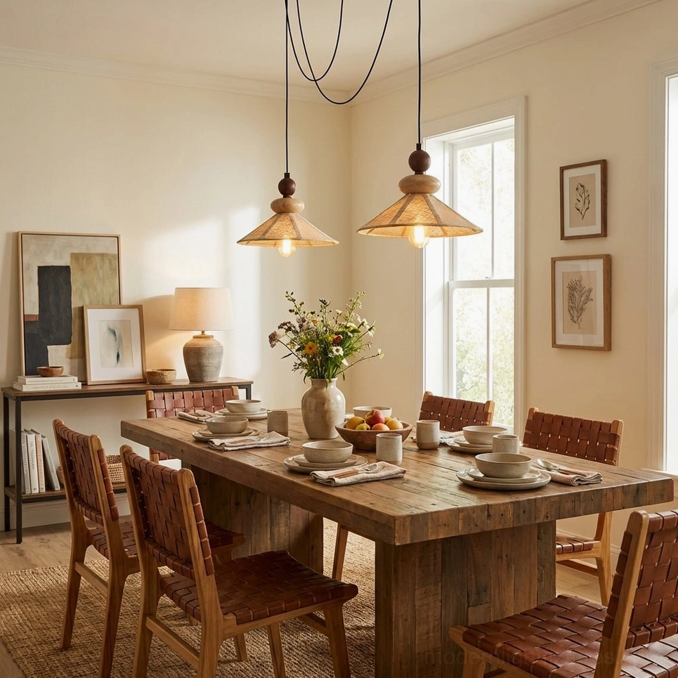 Contemporary pendant light in decorated cozy dining room with woven leather chairs and artistic wall decor