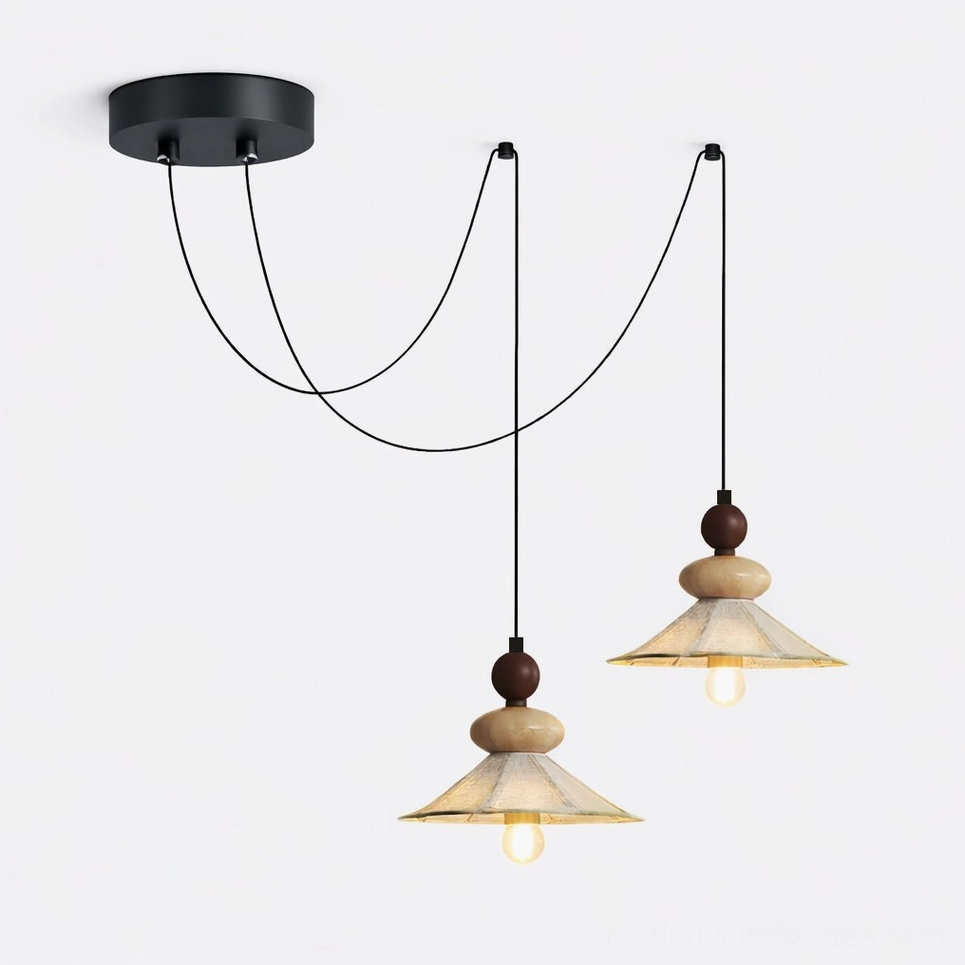 Equinox Displacement sculptural pendant light with wood accents and pleated fabric shade detail view