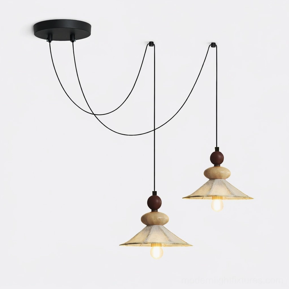 Equinox Displacement modern pendant light with sculptural wood accents and pleated linen fabric shade, front studio view