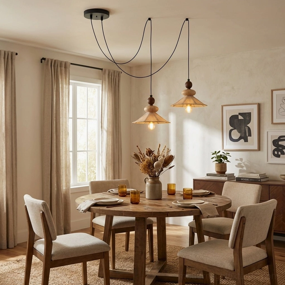 Modern pendant lamp in casual bright dining space with round wooden table and warm neutral interior design