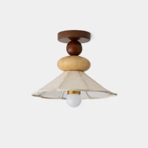Equinox semi-flush ceiling light fixture with stacked wood base and soft linen shade, shown in frontal view against white background