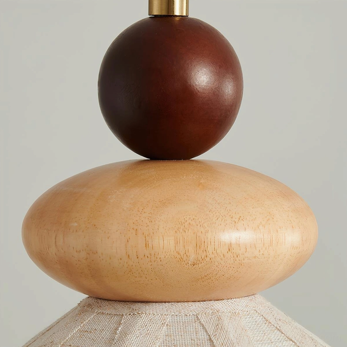 Equinox pendant lamp with stacked wood construction and pleated linen shade, warm minimalist home lighting solution