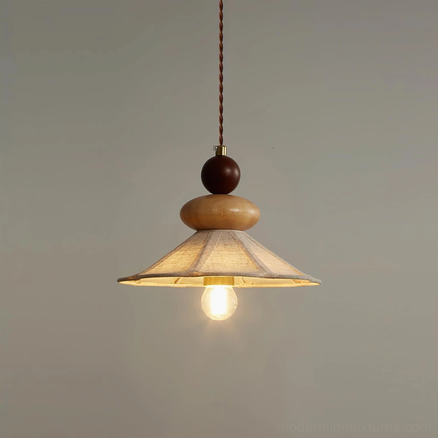 Equinox wooden pendant light detailed frontal view showing exposed bulb, stacked wood beads, and pleated linen shade