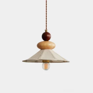 Equinox wooden pendant light with stacked timber beads and pleated linen shade, frontal studio view showing Scandinavian minimalist design
