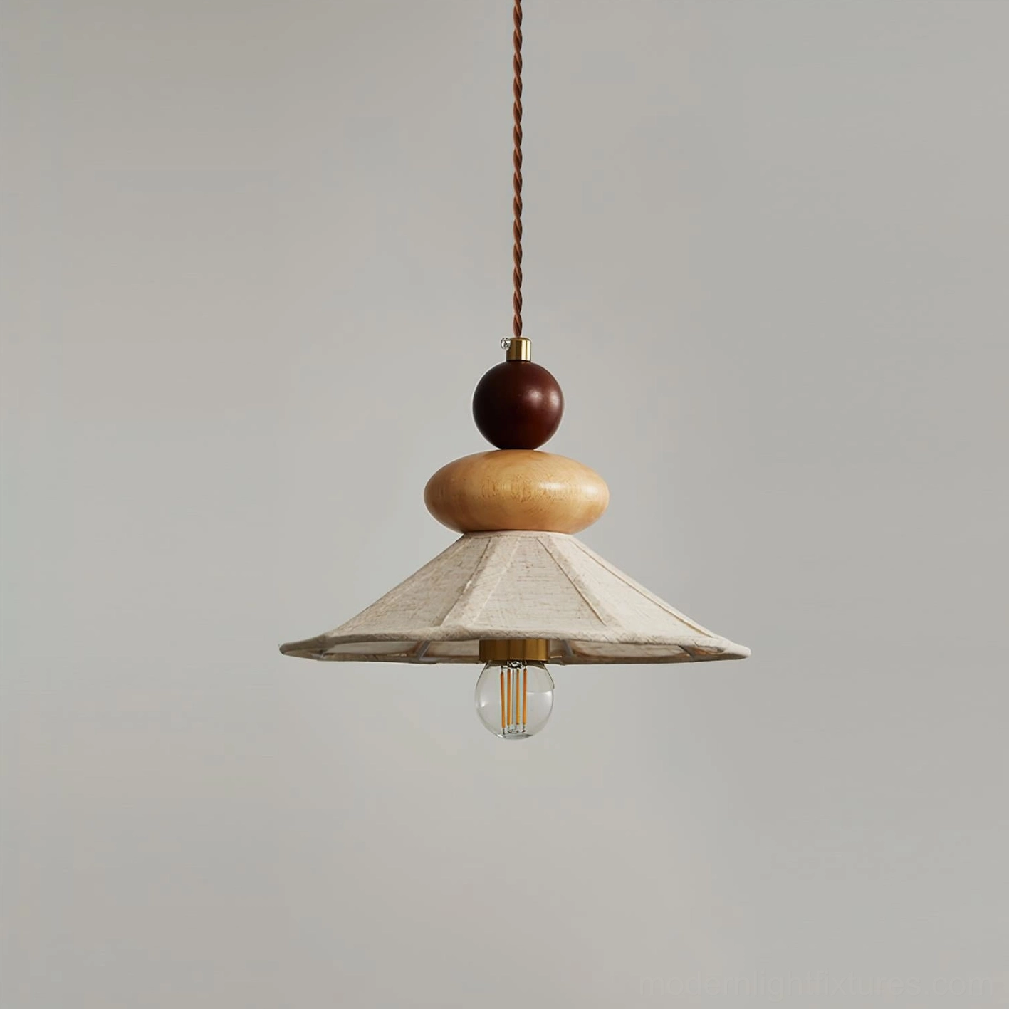 Equinox wooden pendant light single head walnut color with beige linen shade, artisanal timber accent lighting fixture
