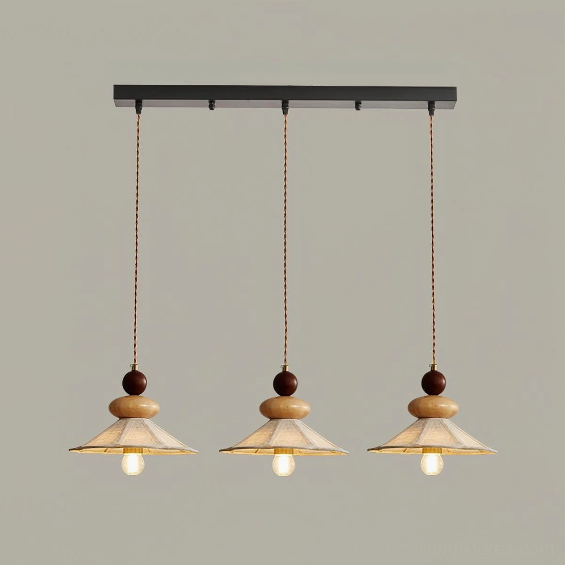 Equinox three-head pendant light L 100cm cluster walnut color beige shade, elegant dining room lighting arrangement