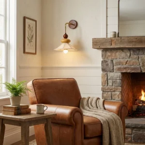Modern wall sconce installed in farmhouse living room with stone fireplace, warm ambient lighting in rustic neutral decor
