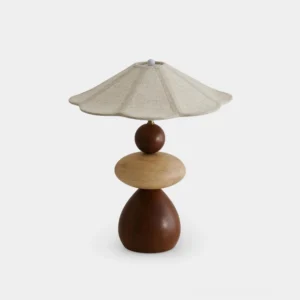 Equinox modern table lamp with wooden sphere base and linen shade - front studio view