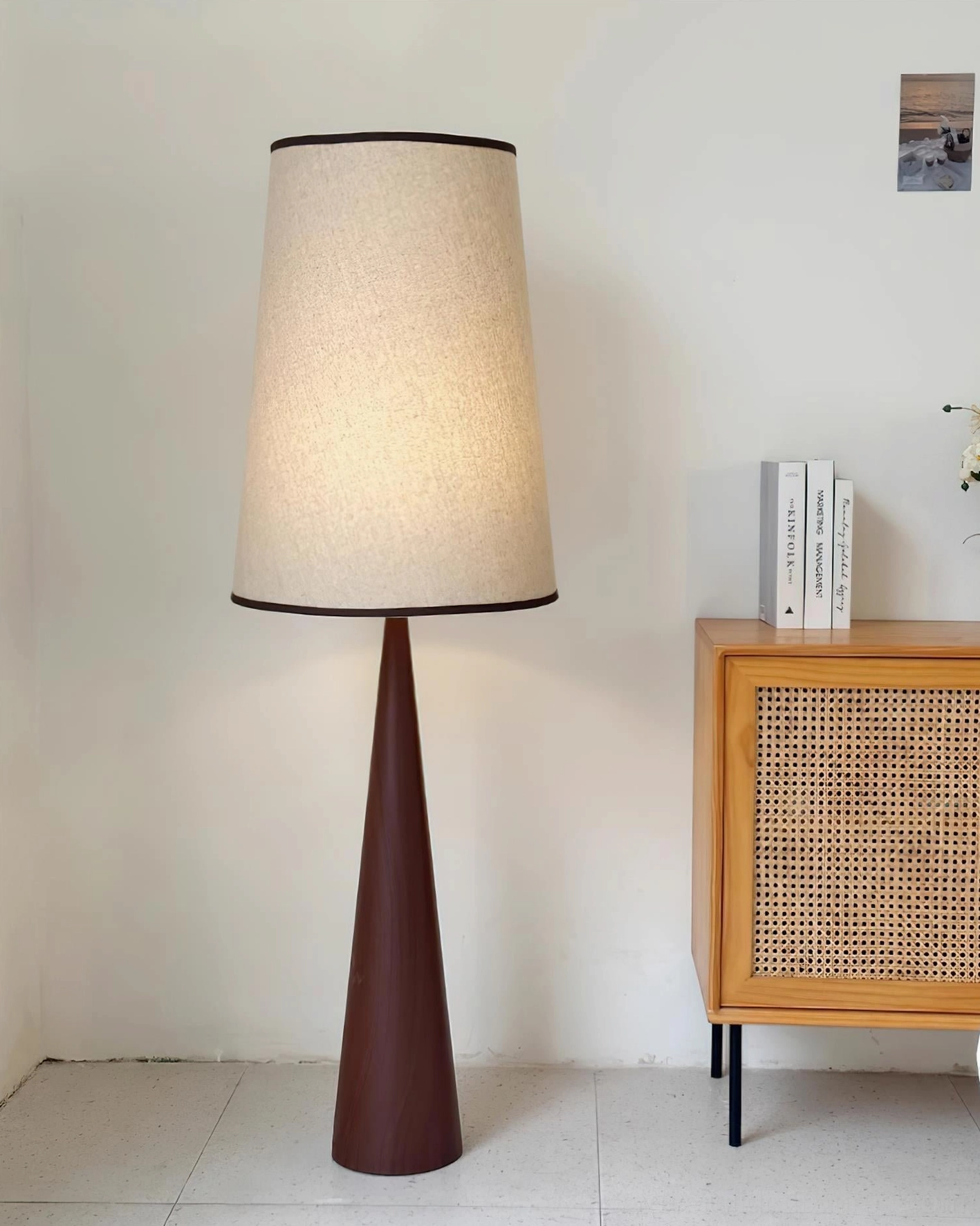Complete Ernest floor lamp assembly with wooden base, fabric shade, and integrated foot switch control