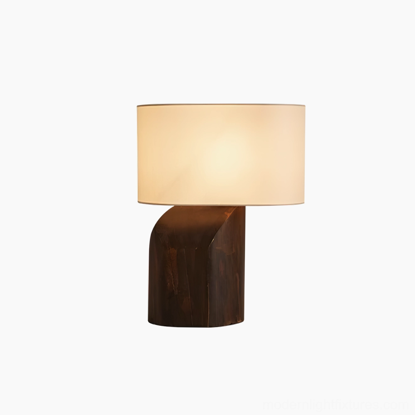 Esla modern sculptural wood table lamp complete product with dark finish and neutral fabric shade