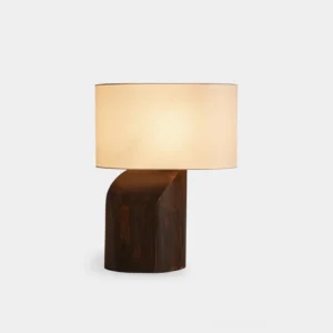 Esla modern wood table lamp with sculptural dark wood base and off-white fabric shade, front view product shot