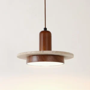 Large ethereal pendant lamp featuring walnut and beige travertine disc, illuminated LED base detail, front view