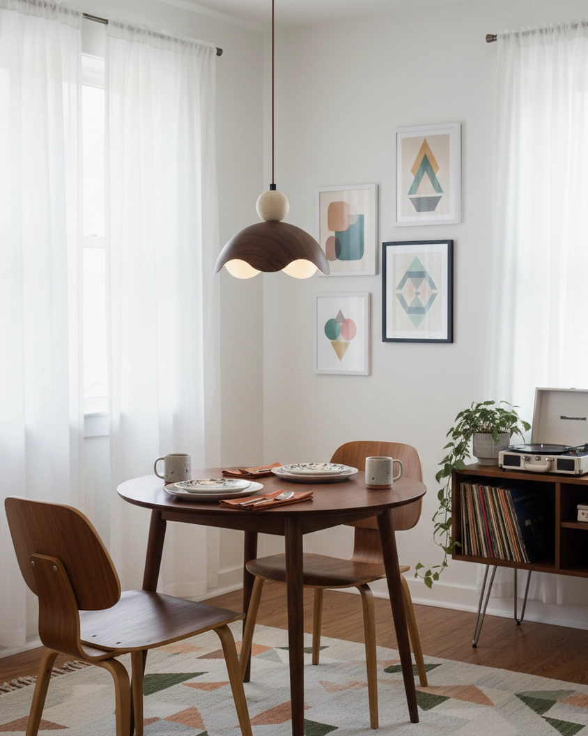 Eunoia Curve modern pendant lamp hung above compact round dining table in small residential nook