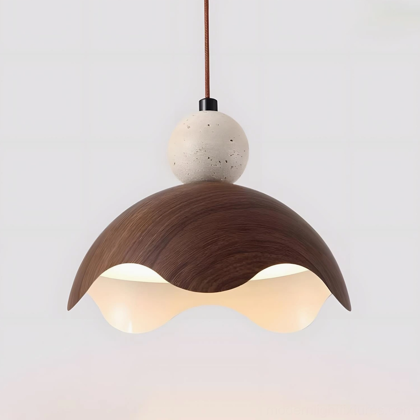Eunoia Curve modern pendant fixture walnut and beige colorway, integrated LED technology, complete product view