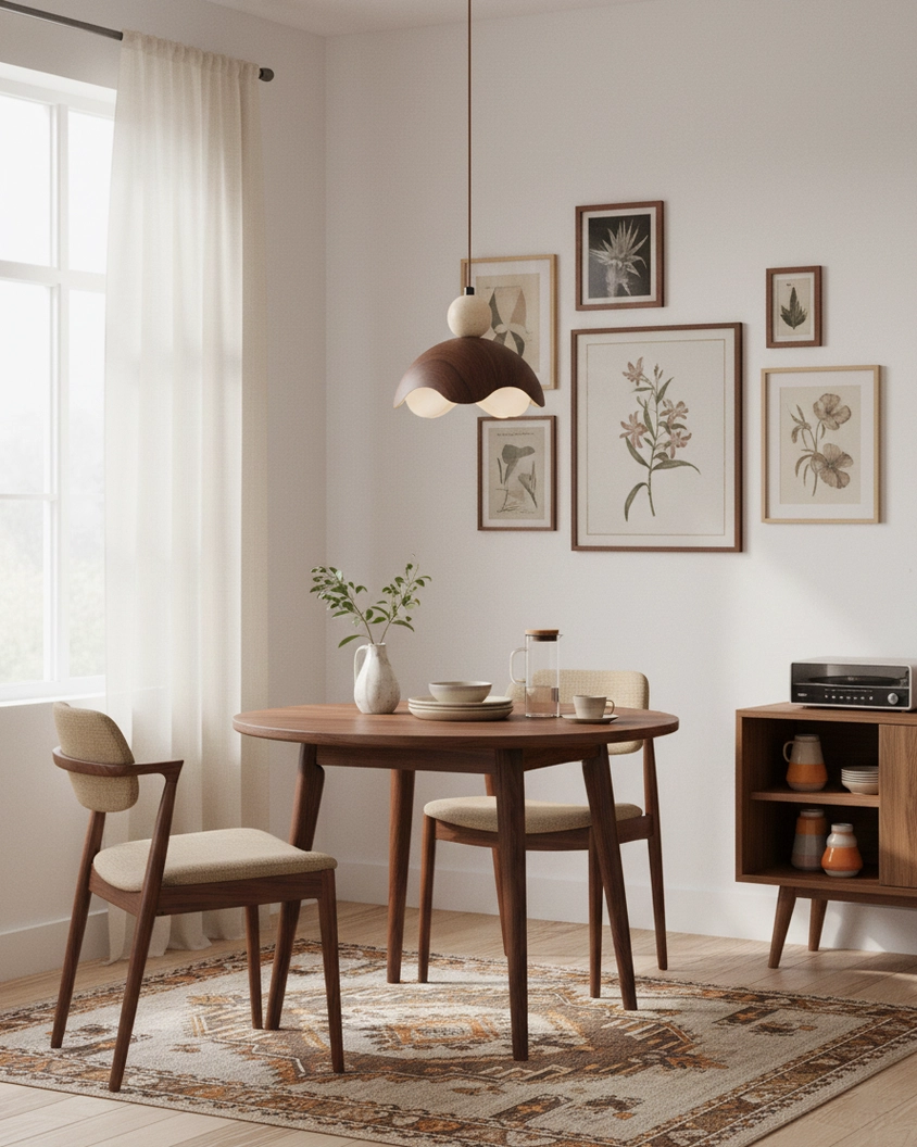 Eunoia Curve pendant light in corner dining area with wall art and window treatments, Scandinavian style