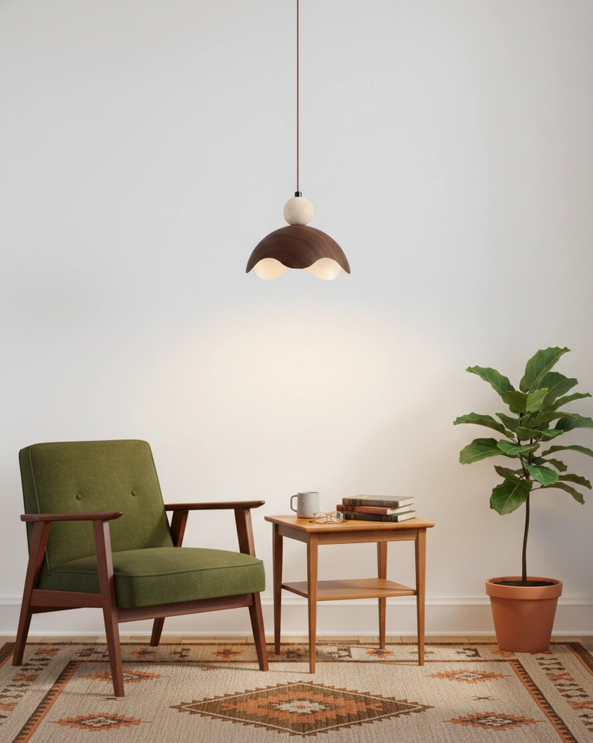 Eunoia Curve pendant light installed in retro living room with vintage furniture and natural decor elements