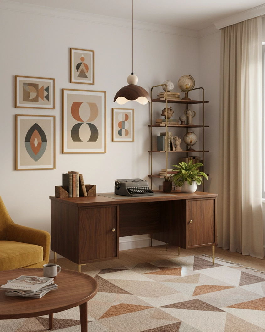 Single Eunoia Curve pendant light fixture illuminating contemporary home office desk with gallery wall