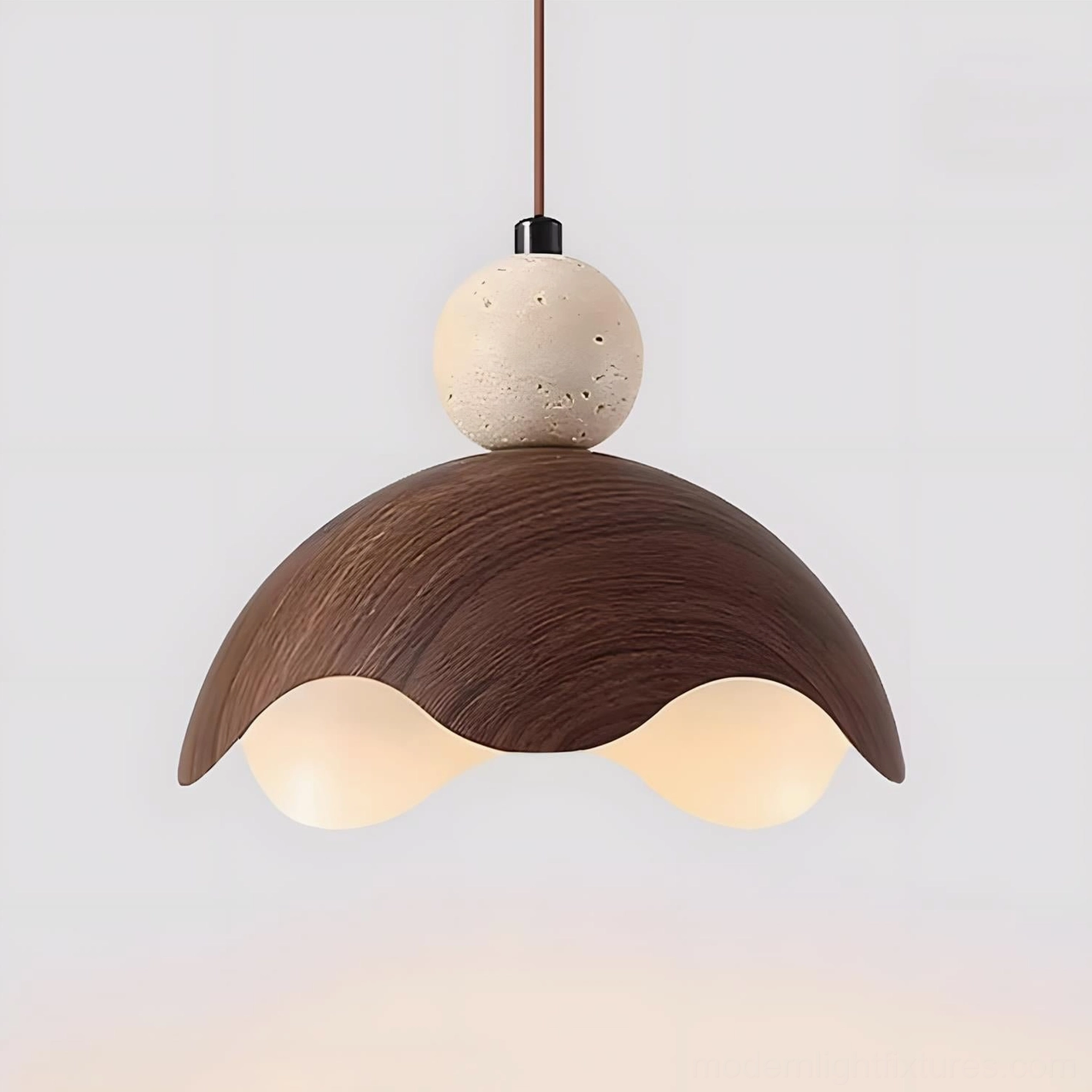 Eunoia Curve pendant light showing natural travertine stone sphere details and water transfer printing metal shade