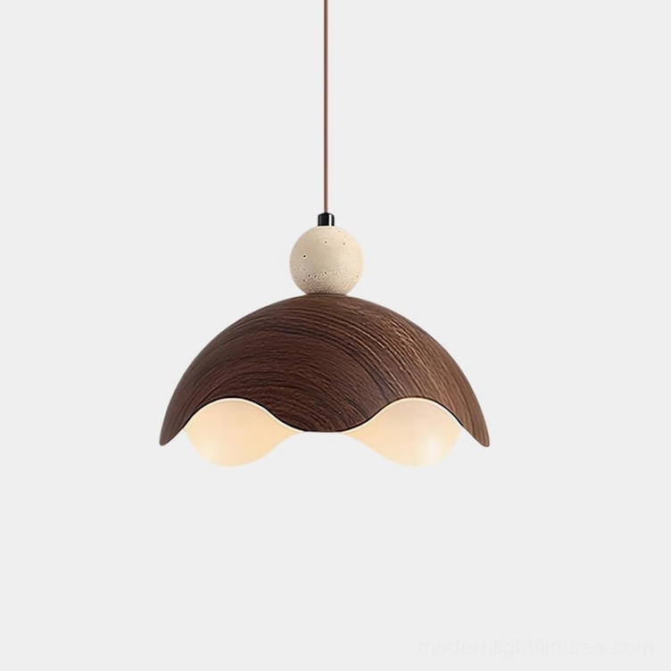Eunoia Curve pendant light featuring wavy metal shade with warm wood tone and natural travertine stone top, front studio view