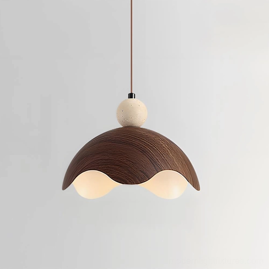 Eunoia Curve standard pendant light, 35cm diameter, three-quarter perspective showing travertine crown and metal shade