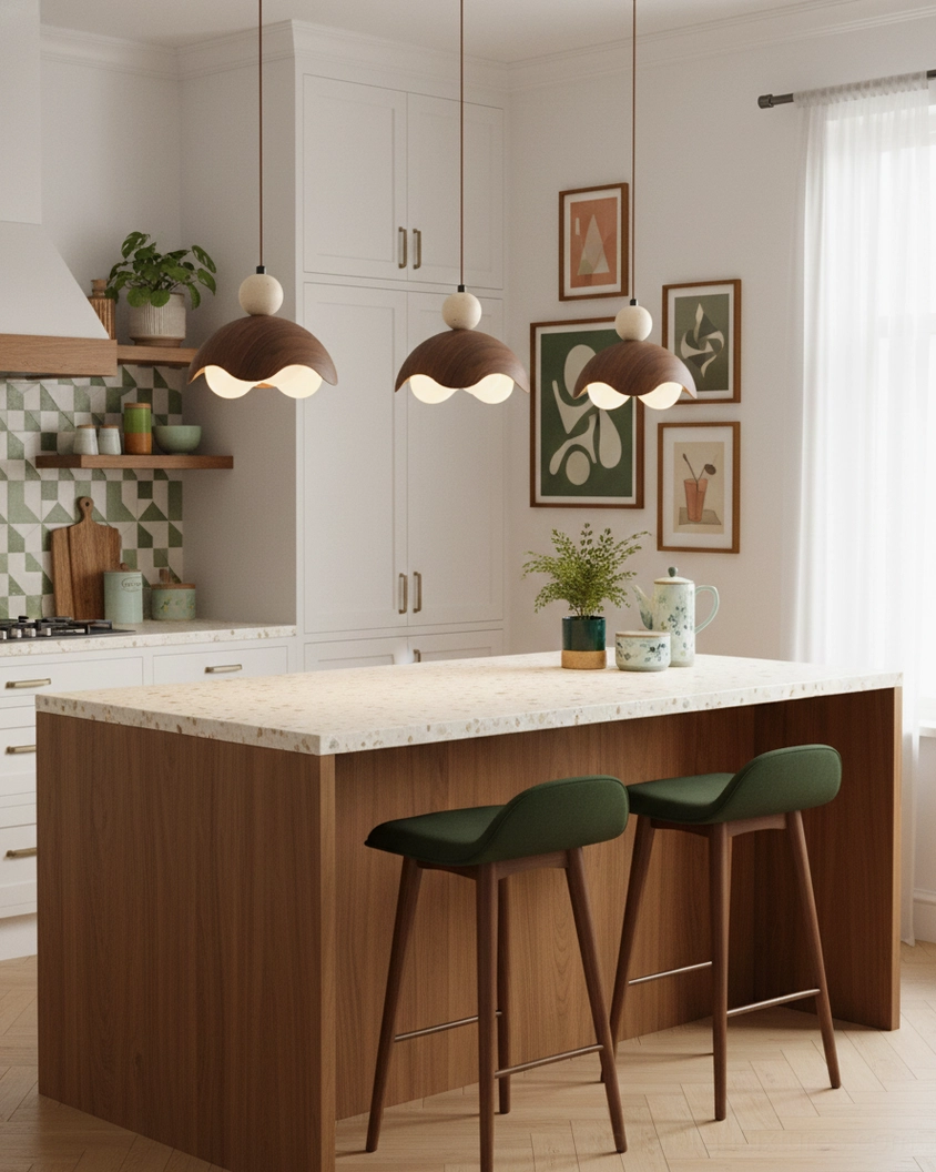 Three-head Eunoia Curve pendant cluster above kitchen island counter with wooden stools and natural lighting