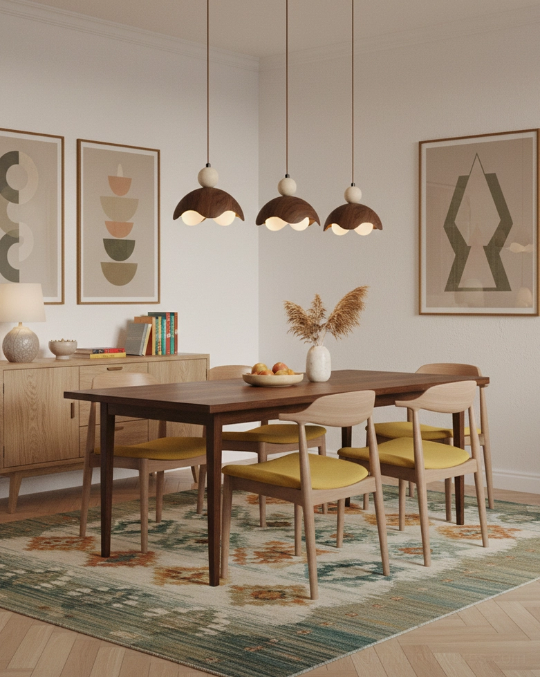 Triple Eunoia Curve pendant lights suspended above mid-century modern wooden dining table