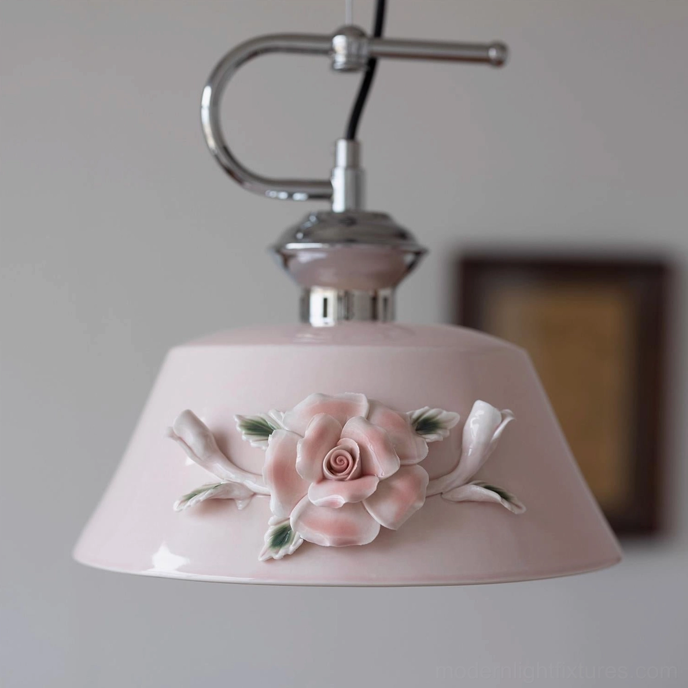 Evelisse pendant light ceramic shade detail showcasing three-dimensional camellia flower sculpture and light diffusion properties