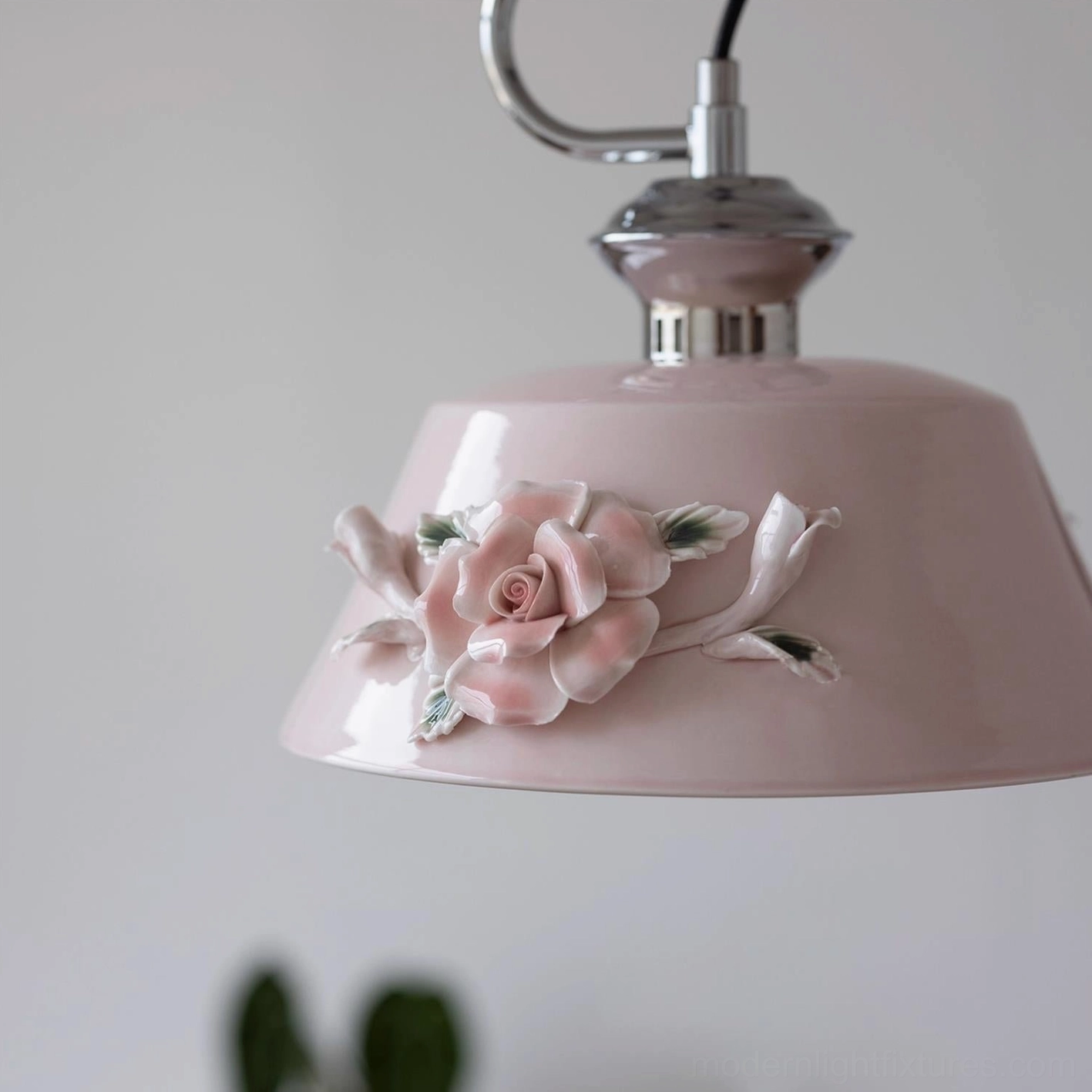 Large Evelisse ceramic pendant light with dusty pink wide shade, 3D camellia rose decoration, and polished silver hardware, romantic pastoral aesthetic