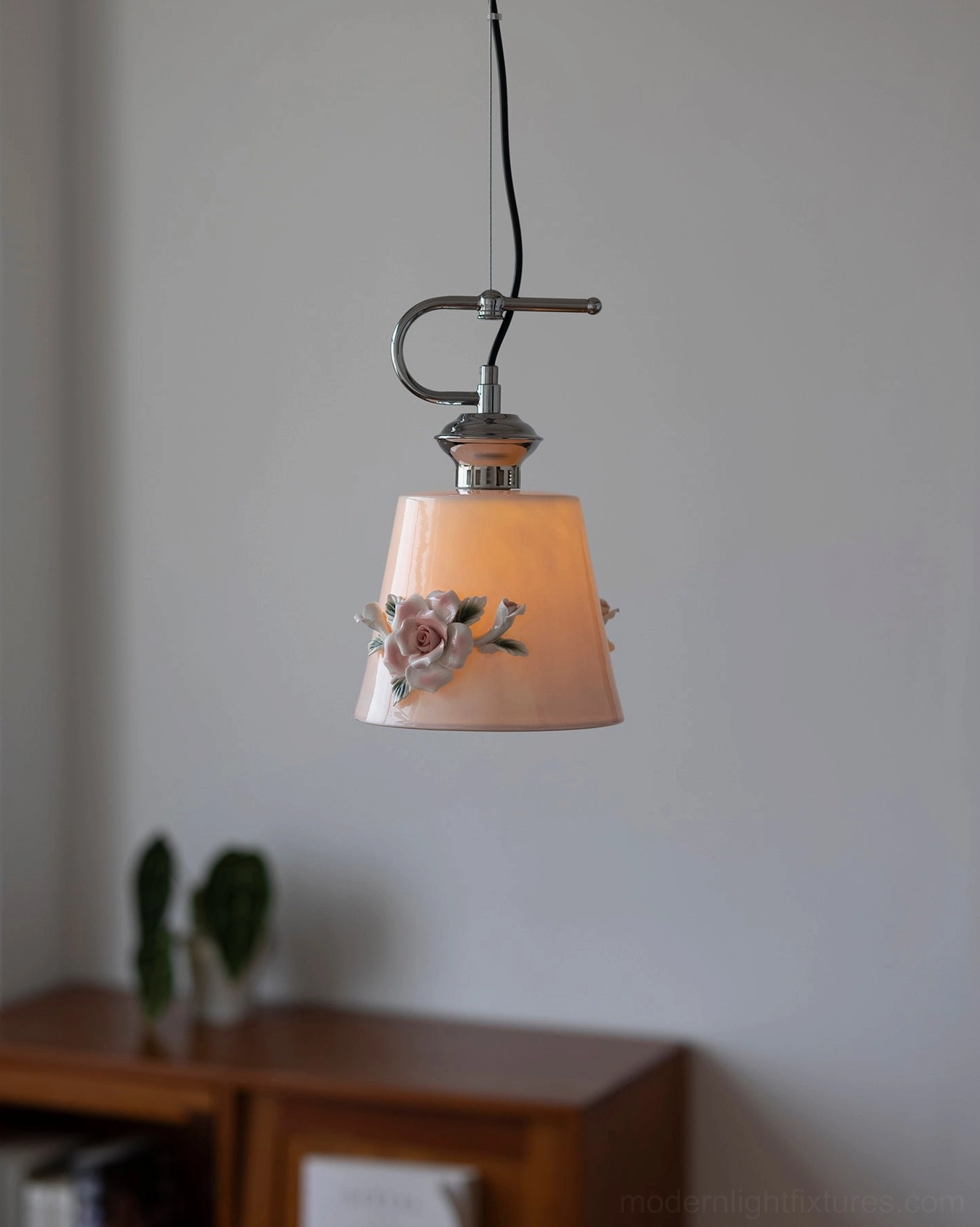 Evelisse blush pink ceramic pendant light Model C with sculptured camellia ornament and polished chrome components, artistic interior accent