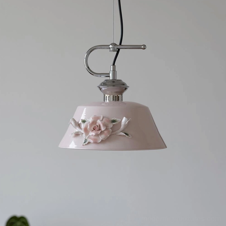 Evelisse ceramic pendant light Model D in blush pink with hand-sculpted camellia bloom and silver metal hardware, modern fixture design