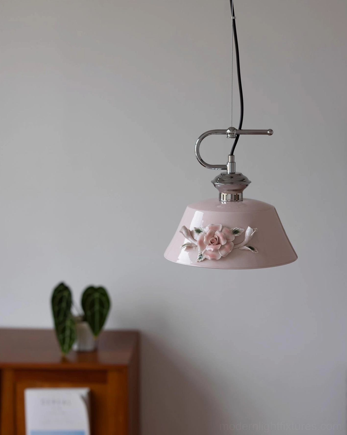 Evelisse pendant light with polished chrome suspension wire and fixture hardware, hardwired ceiling installation