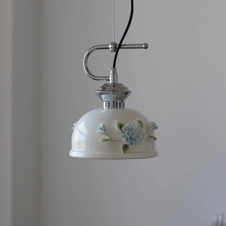 Evelisse pendant light Model A technical drawing with 22.5cm height, 18cm diameter, and sculptured camellia decoration specifications