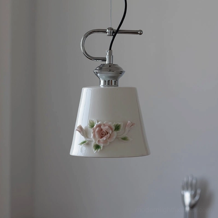 Evelisse ceramic pendant light design schematic for Model B showing 28.5cm height and 18.5cm diameter with tapered shade and floral ornament