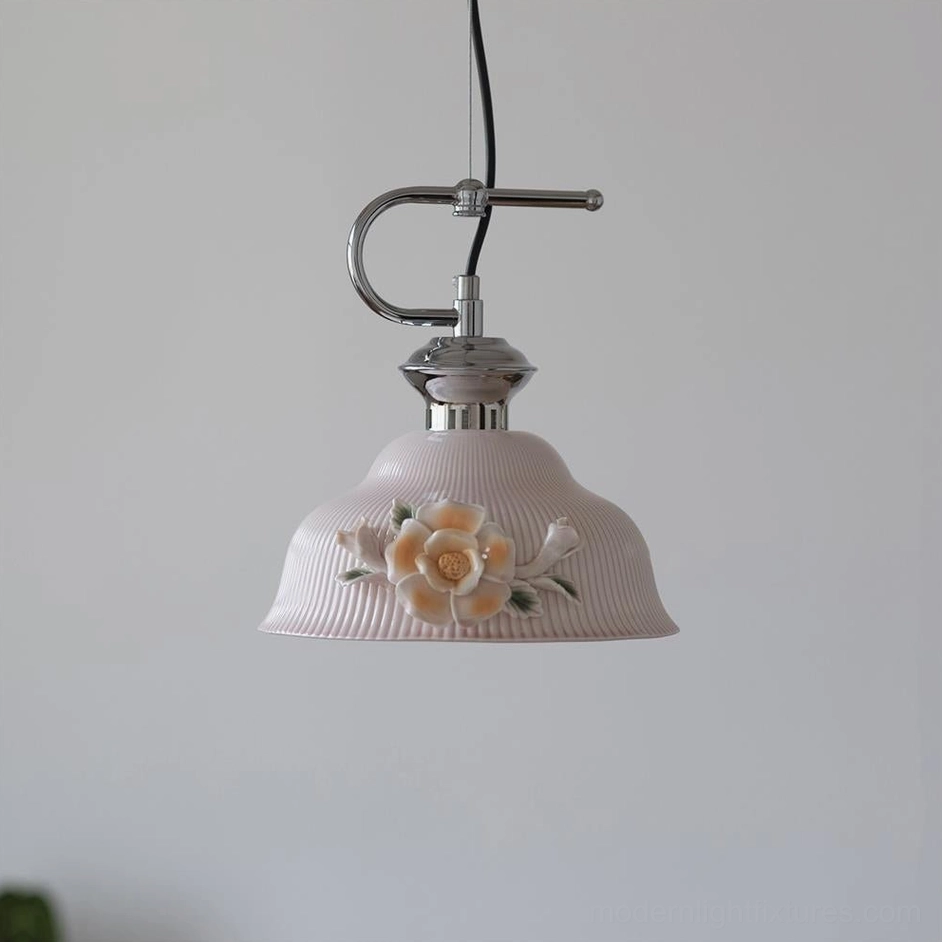 Evelisse ceramic pendant light technical design drawing showing Model C dimensions 22.5cm diameter and 18cm height with sculptured floral element