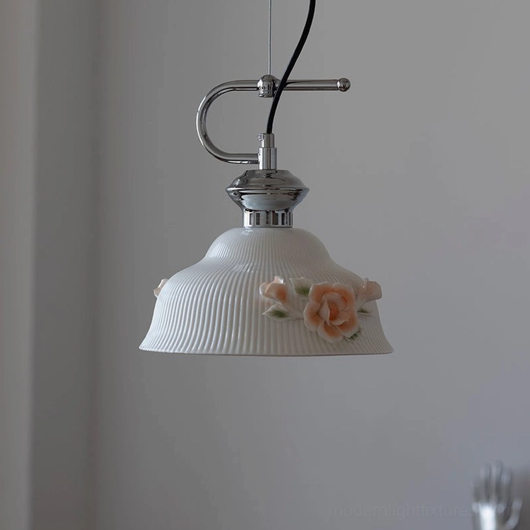Evelisse ceramic pendant light Model D technical blueprint showing 23cm height, 24.5cm diameter, wide flat shade with floral detail