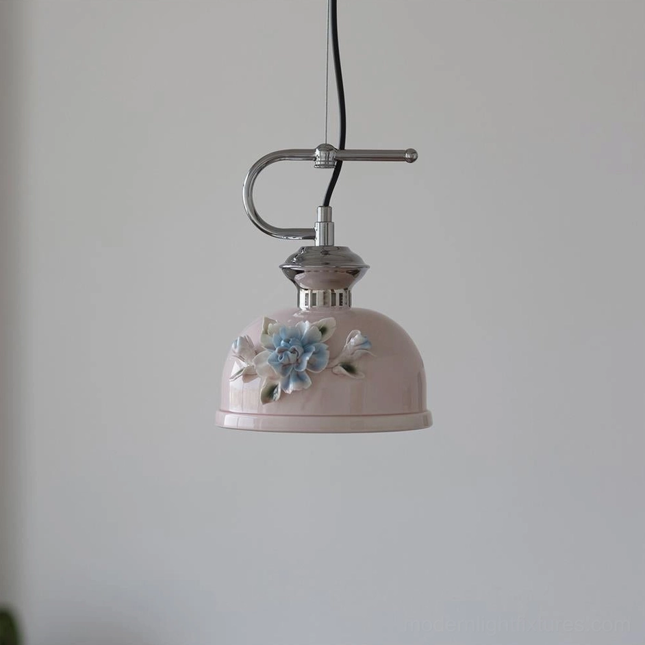 Evelisse blush pink ceramic pendant light with orange rose sculptural ornament, polished chrome fixtures, vintage pastoral style lighting