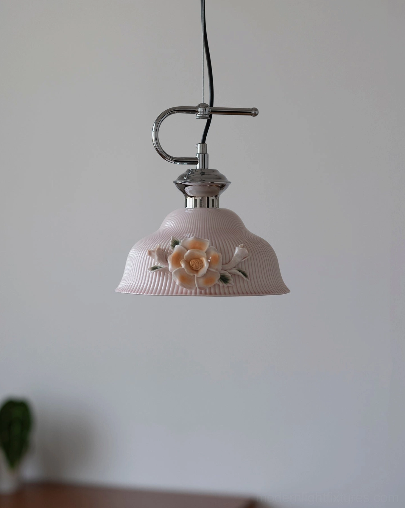 Evelisse white ceramic pendant light with hand-crafted floral sculpture, modern minimalist interior design application
