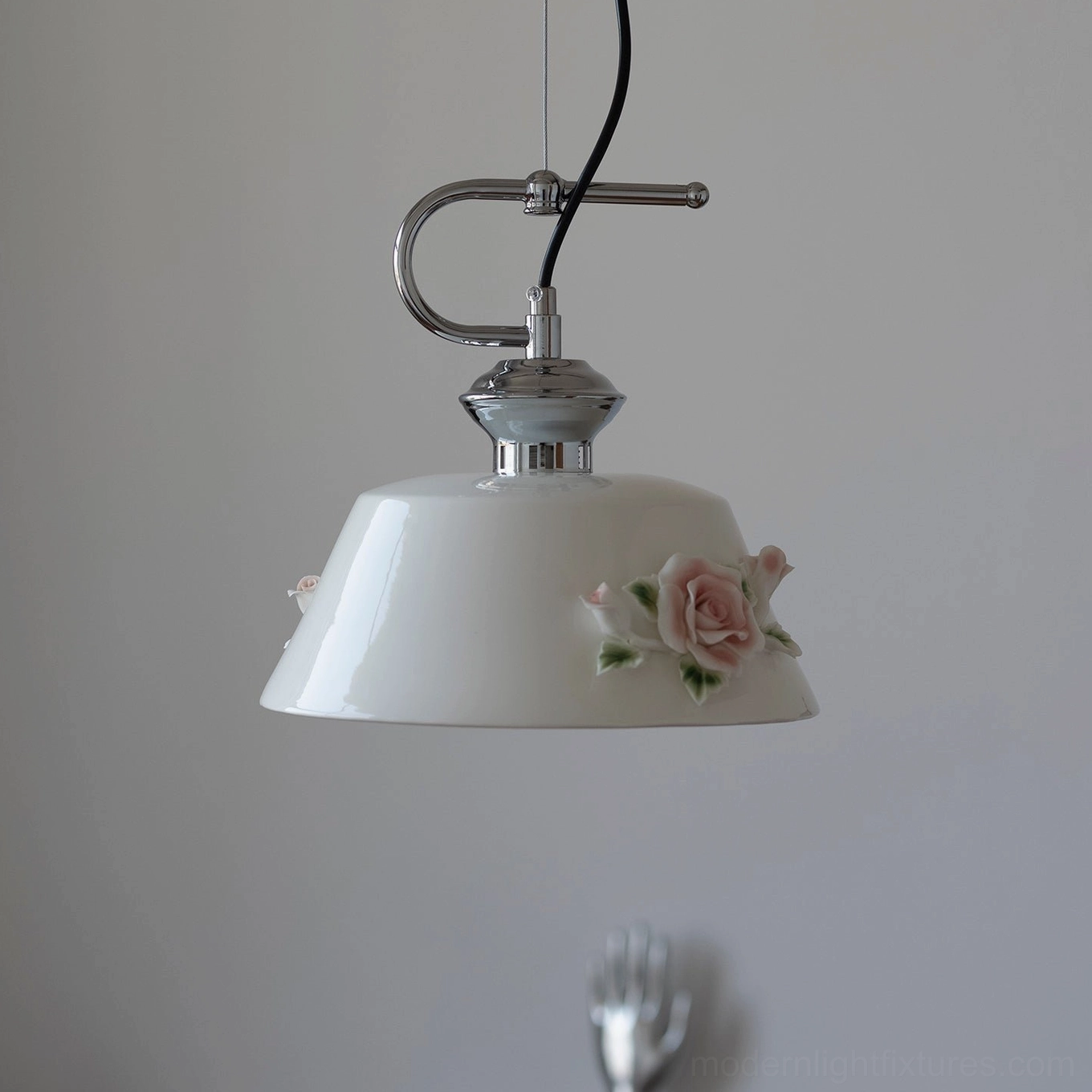 Evelisse white ceramic pendant light with sculptured rose ornament and chrome metal accents, vintage-inspired modern fixture